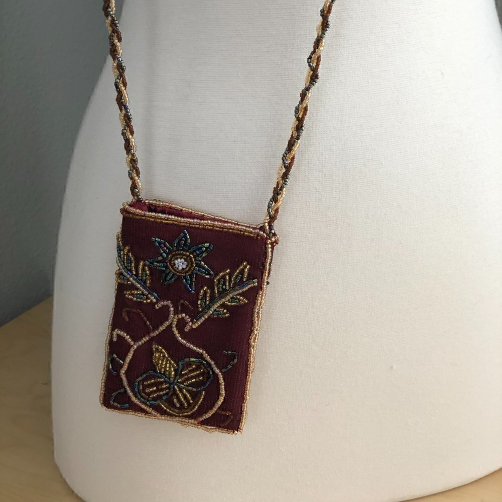 Beaded Floral Cross Body Bag Women's Gold Pewter & Tan on Red Gypsy Chic